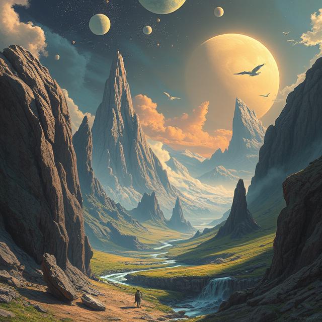 Digital Print – "Valley of the Moons" | Fantasy Sci-Fi Landscape Art | Alien Skies & Creatures | Instant Download Wall Decor