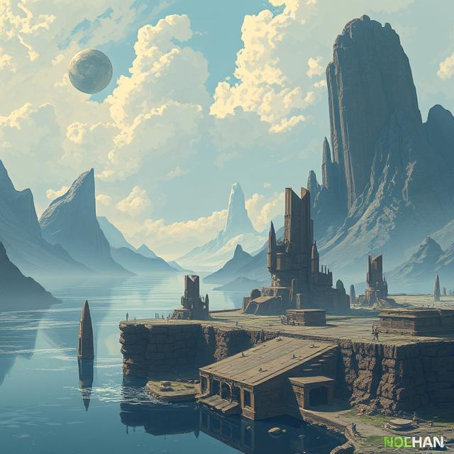 Digital Print – "Sanctuary of Stillwater" | Sci-Fi Island Fortress Art | Surreal Water World Digital Landscape | Instant Download Wall Print