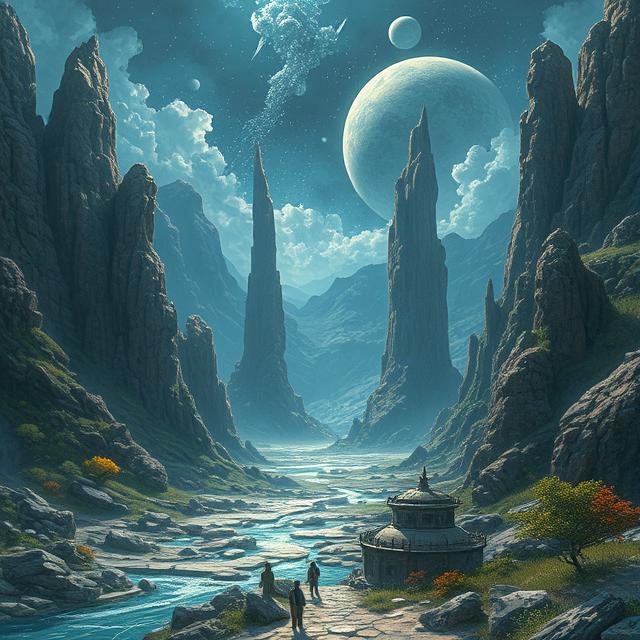 Digital Print – "The Celestial Path" | Sci-Fi Fantasy World Art | Moonlit Canyon Temple Landscape | Instant Download Wall Poster