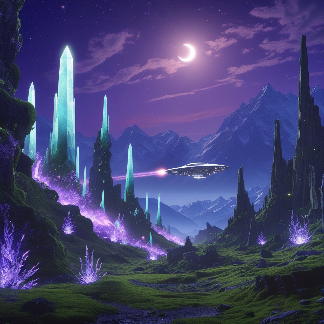 Digital Print – "Ascension of the Crystalline Sky" | Sci-Fi UFO Fantasy Landscape | Purple Alien World Art | Instant Download