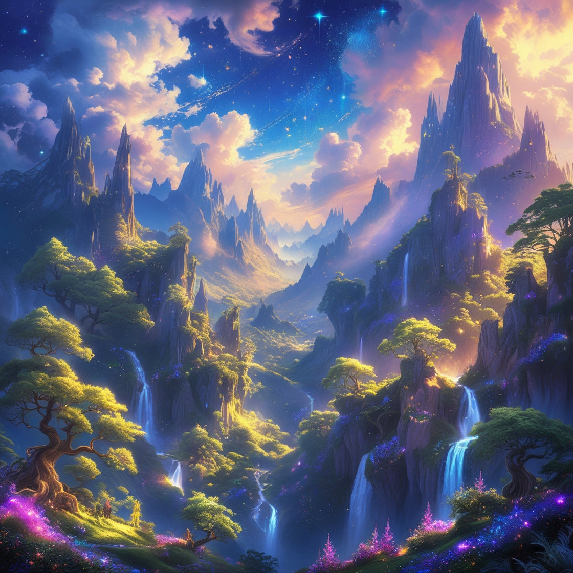Digital Print – “Starlit Cascade” | Celestial Fantasy Wall Art | Waterfall Mountain Downloadable Print