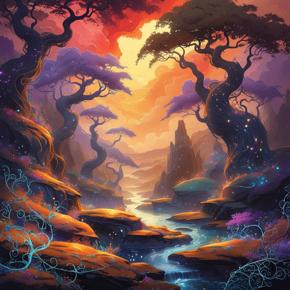 River of Light – Mystical Forest Digital Art Print | Fantasy Sunset Wall Decor | Instant Download Landscape