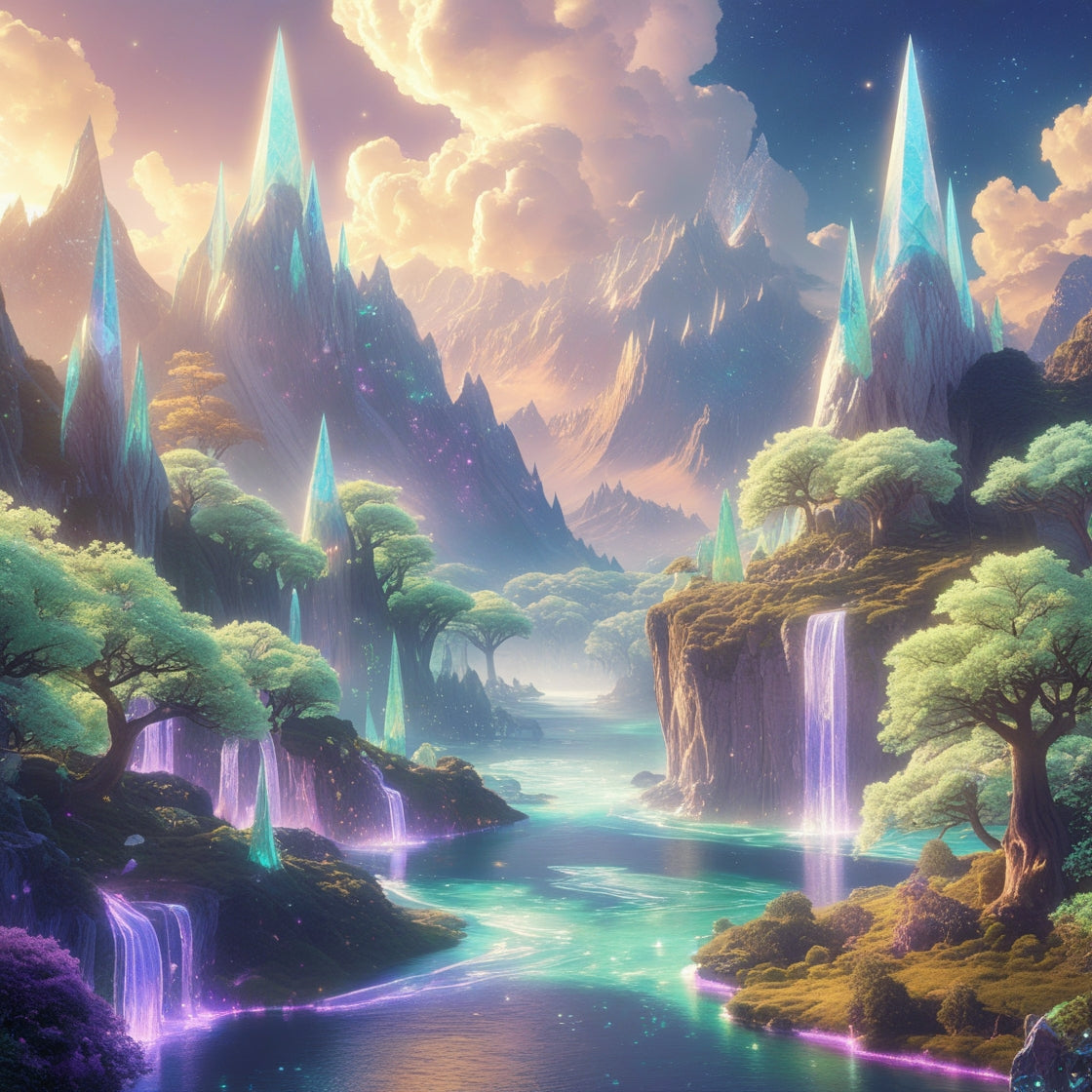Enchanted Cascade Realms – Crystal River Fantasy Art Print | Digital Download A4 | Magical Wall Decor