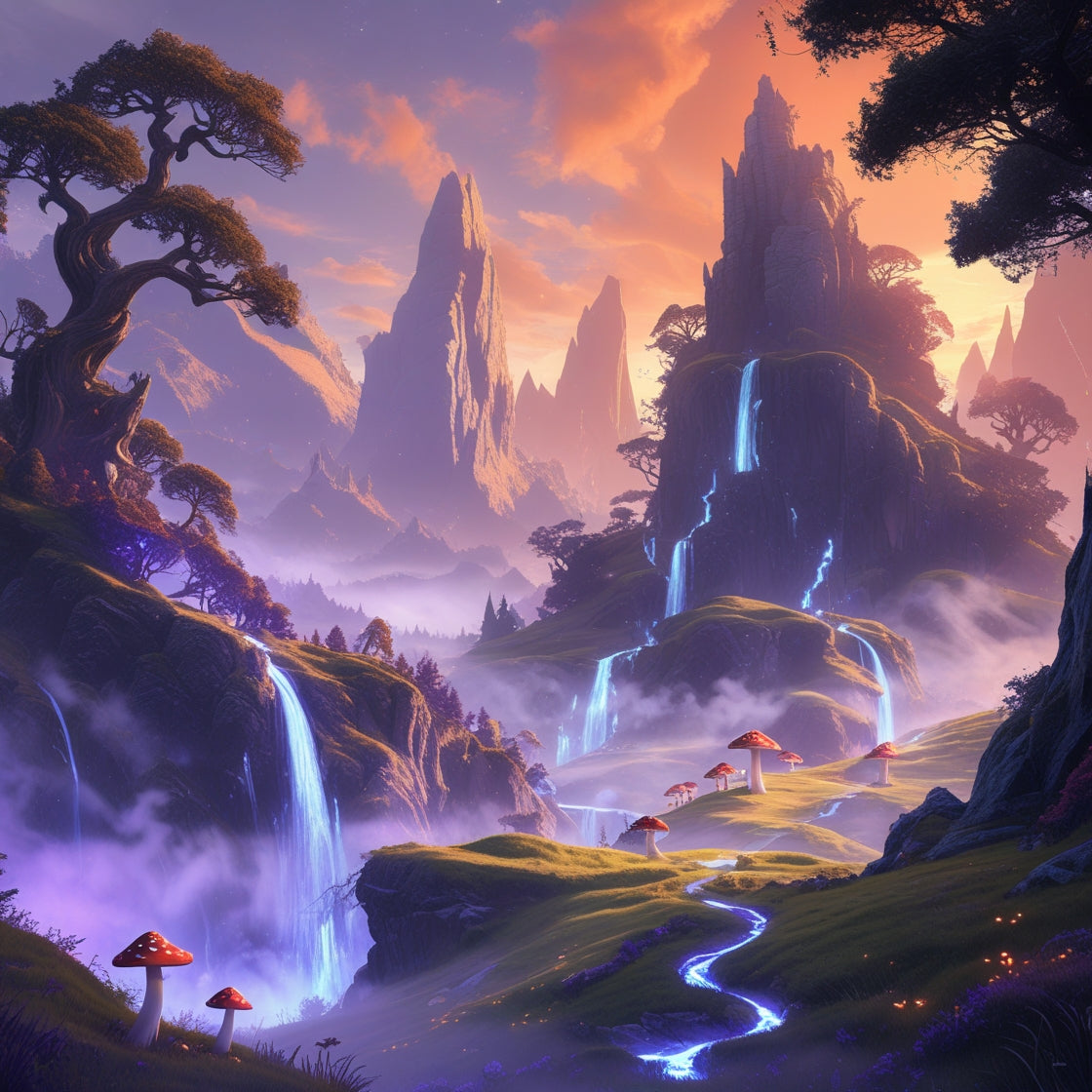 Fairy Falls Kingdom – Mystical Waterfall & Mushroom Fantasy Art | A4 Digital Wall Print