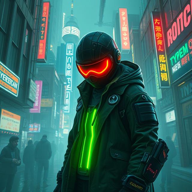 Neon Sentinel – Cyberpunk Warrior with Glowing Green Core (A4 Digital Art Print)