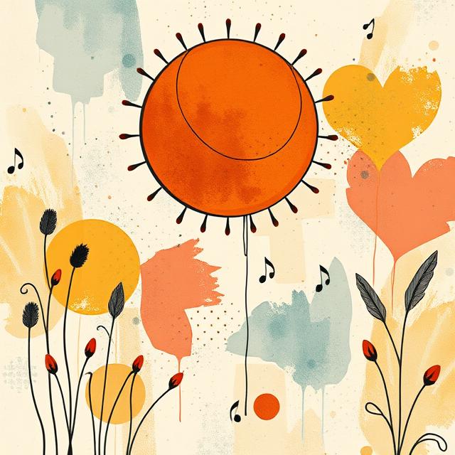Joyful Sun Melody – Abstract Sunshine Art Print with Hearts, Notes & Nature Motifs