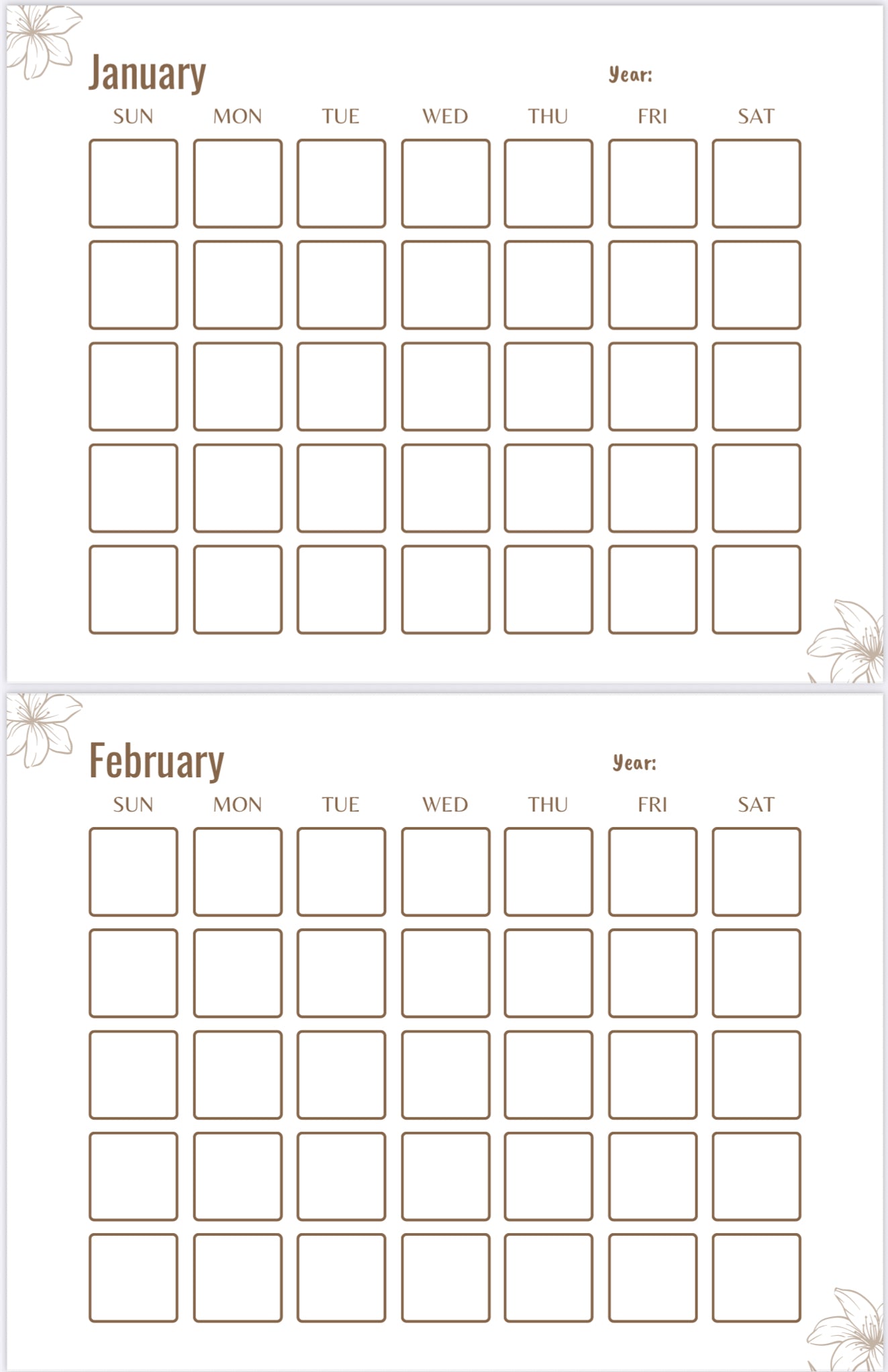 Undated Monthly Calendar – Printable 12-Month Blank PDF