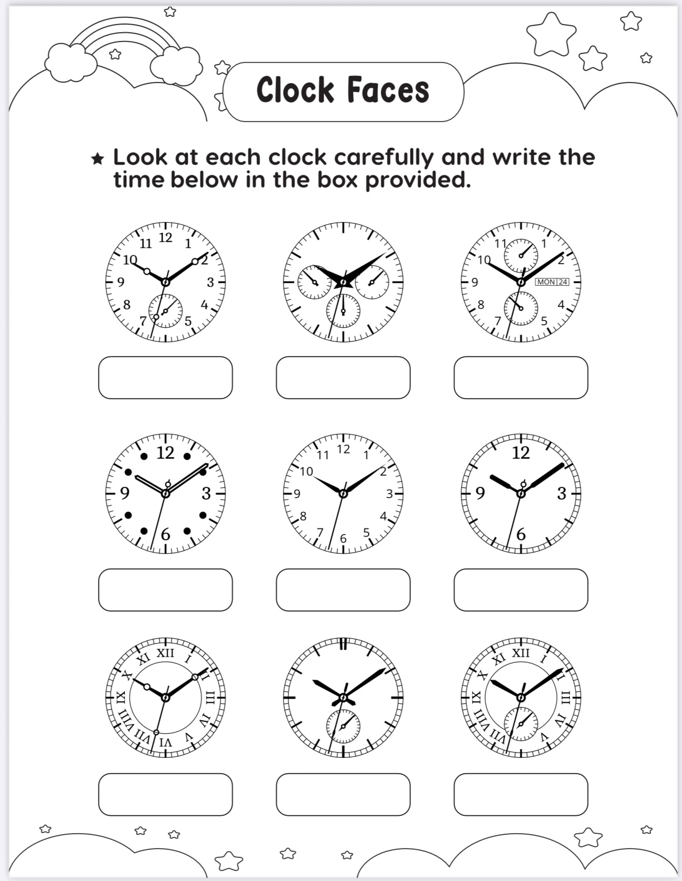 Clock Faces – Printable Telling Time Practice Sheets