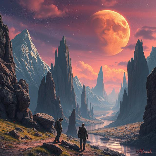 Digital Print – "Crimson Moon Voyage" | Fantasy Landscape Wall Art | Sci-Fi Explorer Poster | Surreal Mountain Scene | Instant Download