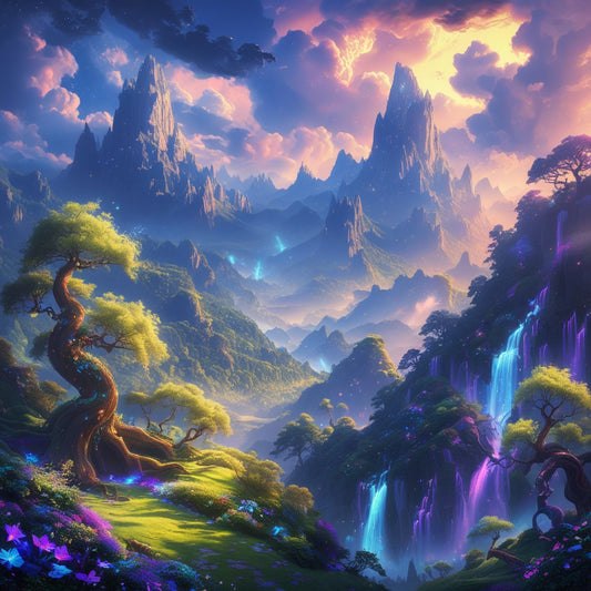 Digital Print – “The Cascading Glade” | Fantasy Waterfall & Galaxy Sky | Vibrant Magical World Art