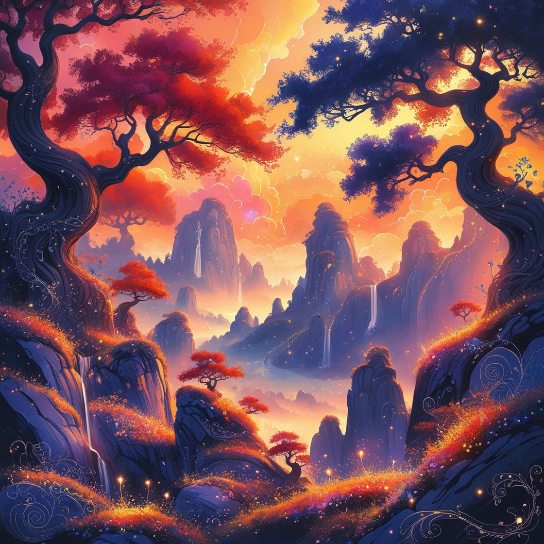 Enchanted Twilight Grove – Fantasy Landscape Digital Art Print | Mystical Sunset Wall Decor | Instant Download
