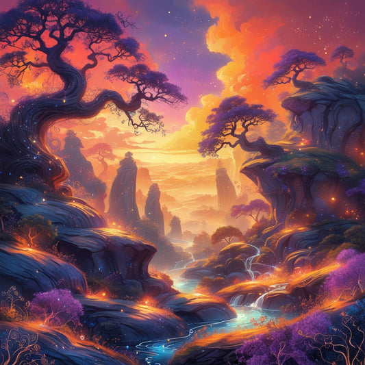Celestial Valley – Fantasy Sunset River Art Print | Mystical Digital Download | Enchanted Landscape Wall Decor