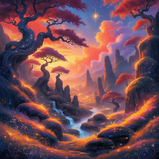 Starlit Falls – Fantasy Landscape Digital Art | Enchanted Sunset Valley Wall Print | Mystical Dreamscape Download