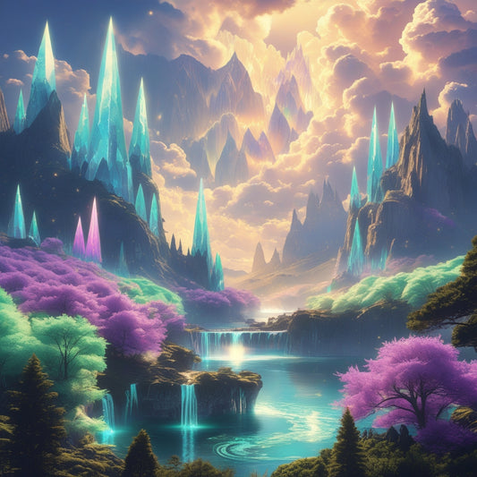 Crystal Bloom Valley – Fantasy Digital Wall Art | Vibrant Waterfall Landscape Print | Magical Dream Realm Download