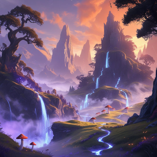 Fairy Falls Kingdom – Mystical Waterfall & Mushroom Fantasy Art | A4 Digital Wall Print