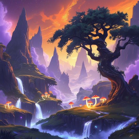 Glowcap Falls – Mystical Waterfalls & Magic Mushrooms Fantasy Art | A4 Digital Print