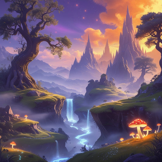 Twilight Shroom Valley – Glowing Mushrooms & Mystic Waterfalls A4 Digital Fantasy Print