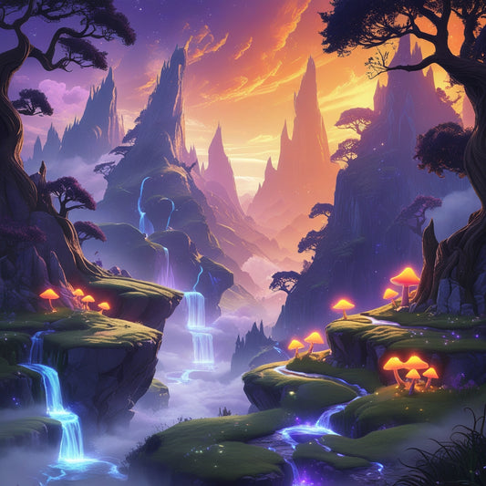 "Glow Falls Kingdom – Mystical Mushroom Mountains A4 Fantasy Wall Art (Digital Download)"