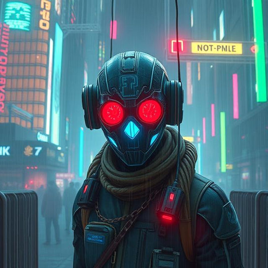 Crimson Echo – Futuristic Hacker in Red Goggles Cyberpunk Wall Art (A4 Digital Download)