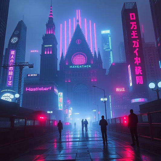 Neon Cathedral Cityscape – Cyberpunk Digital Art Print (A4 Download)