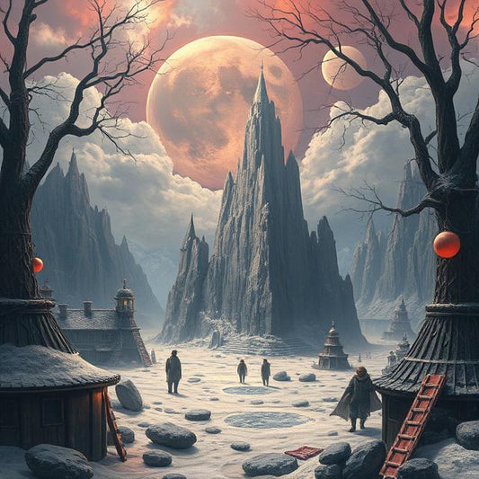 Crimson Moonscape – Mystical Fantasy Mountain Landscape Digital Art Print (Instant Download)