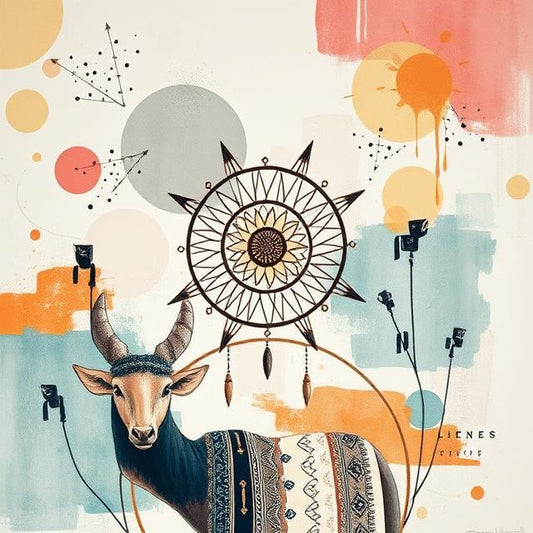 Tribal Spirit Deer – Abstract Boho Animal Art Print with Constellations & Sun Symbol