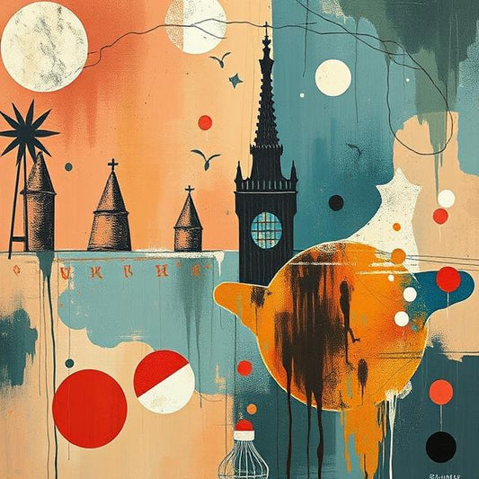 Abstract City Clock Tower – Surreal Urban Art Print with Teapot & Retro Circles