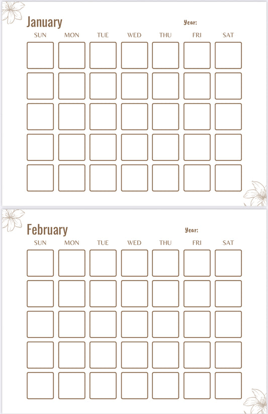 Undated Monthly Calendar – Printable 12-Month Blank PDF