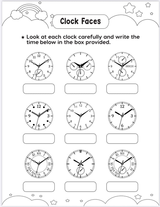 Clock Faces – Printable Telling Time Practice Sheets